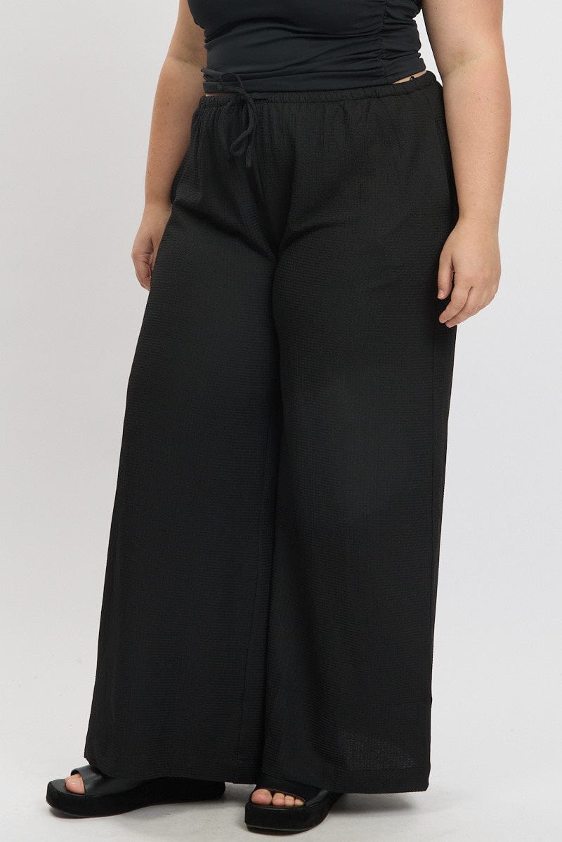 Black Textured Wide Leg Pants Drawstring Elastic Waist for YouandAll Fashion