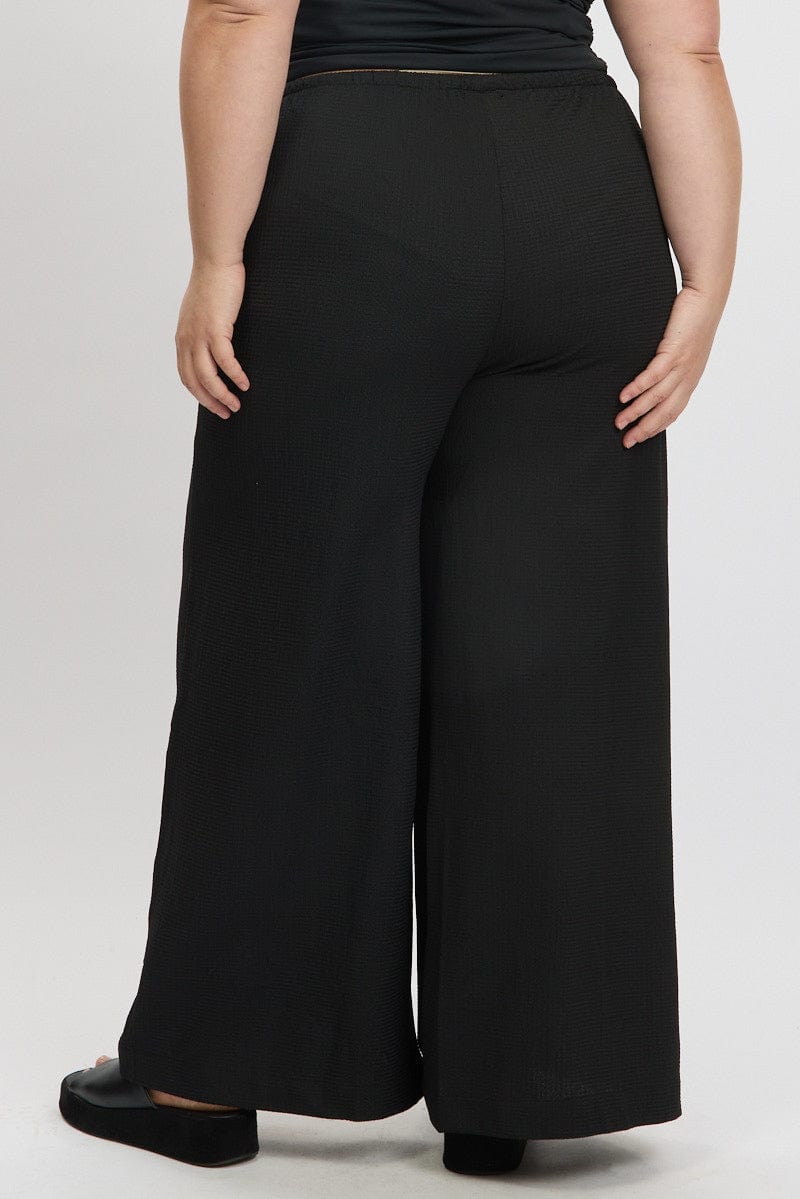 Black Textured Wide Leg Pants Drawstring Elastic Waist for YouandAll Fashion