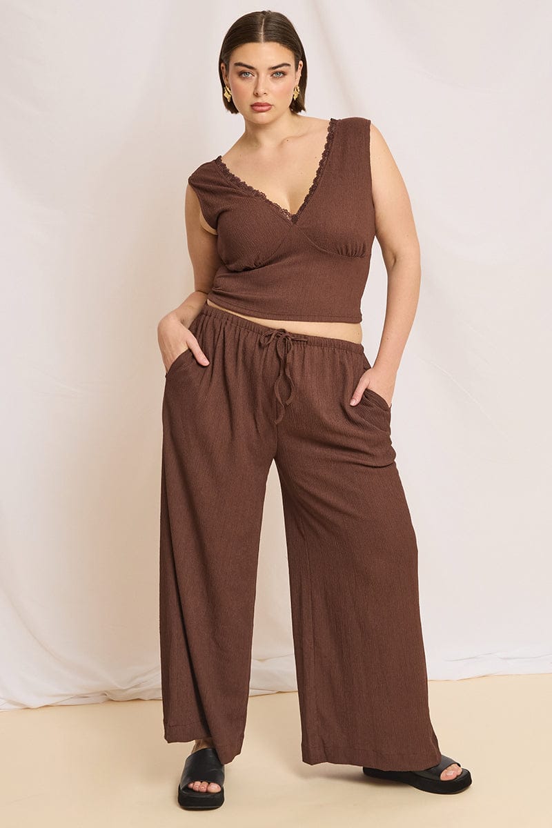 Brown Wide Leg Pants Elastic Waist for YouandAll Fashion