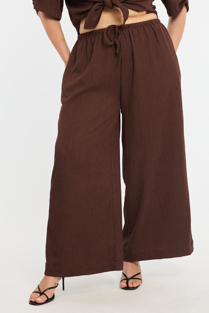 Brown Wide Leg Pants Elastic Waist for YouandAll Fashion