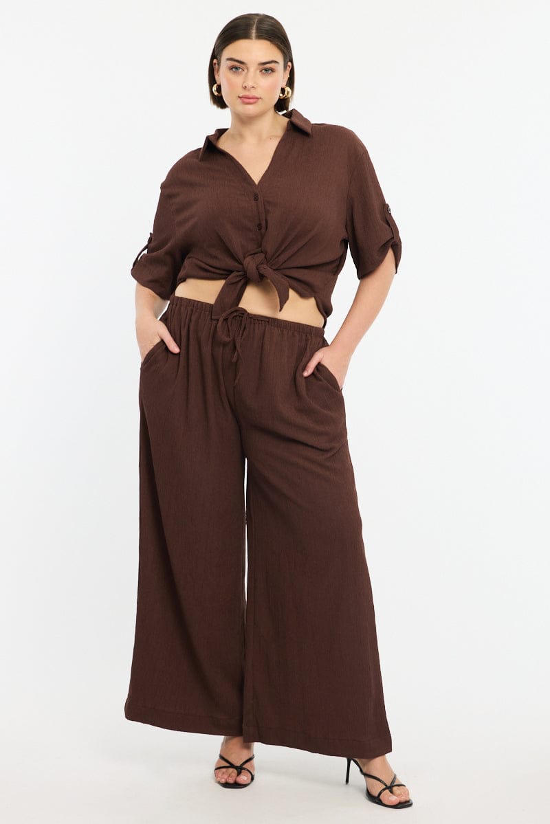 Brown Wide Leg Pants Elastic Waist for YouandAll Fashion
