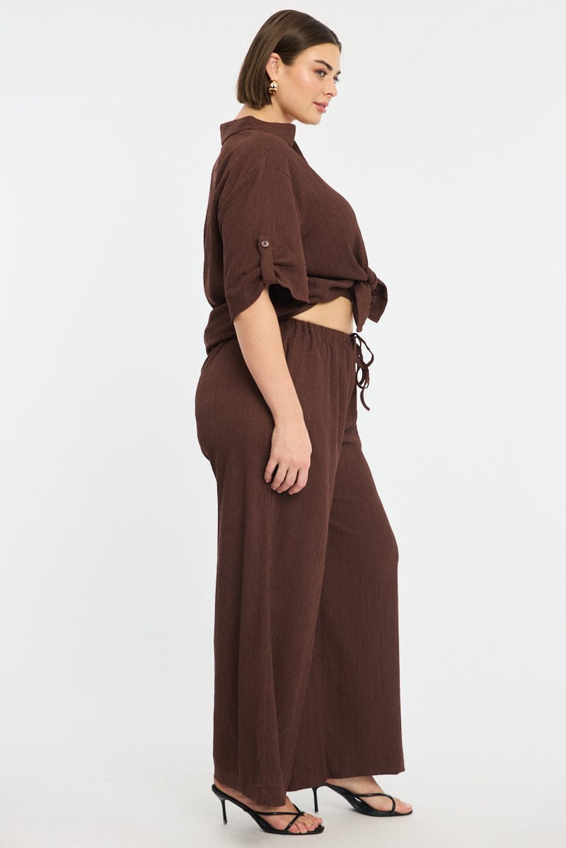 Brown Wide Leg Pants Elastic Waist for YouandAll Fashion
