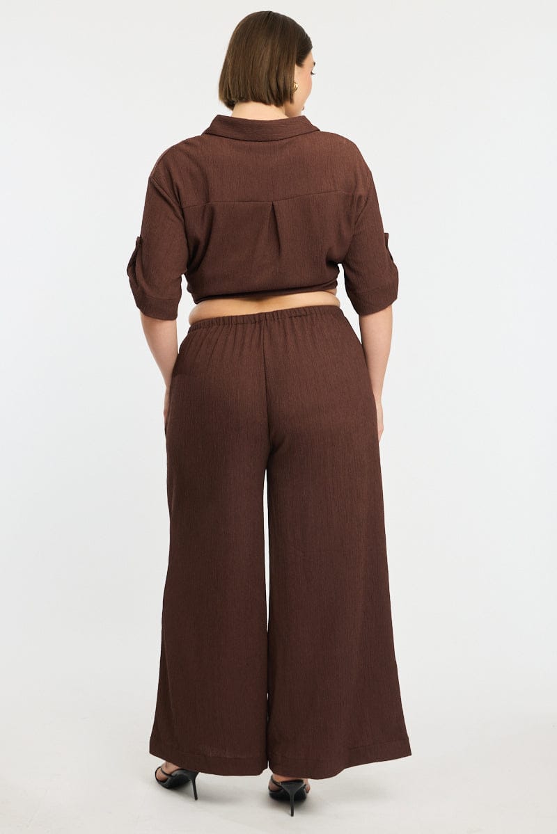 Brown Wide Leg Pants Elastic Waist for YouandAll Fashion