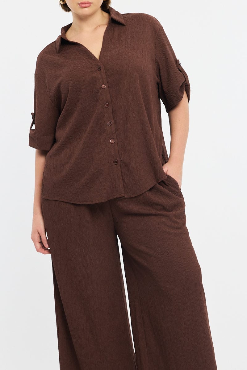 Brown Wide Leg Pants Elastic Waist for YouandAll Fashion