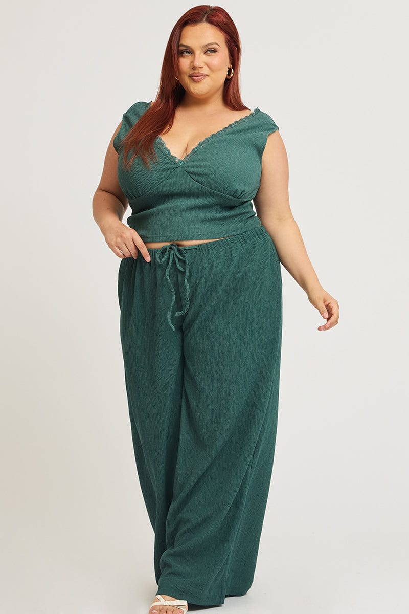Green Wide Leg Pants Elastic Waist for YouandAll Fashion