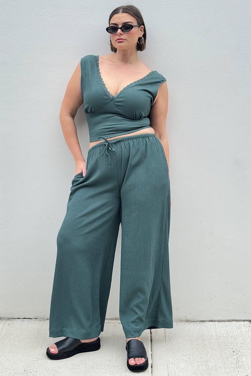 Green Wide Leg Pants Elastic Waist for YouandAll Fashion