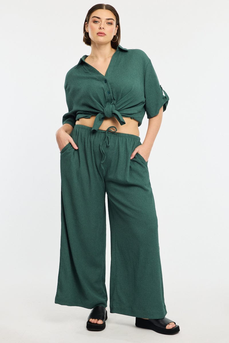 Green Wide Leg Pants Elastic Waist for YouandAll Fashion