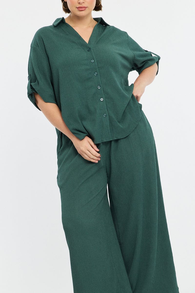 Green Wide Leg Pants Elastic Waist for YouandAll Fashion