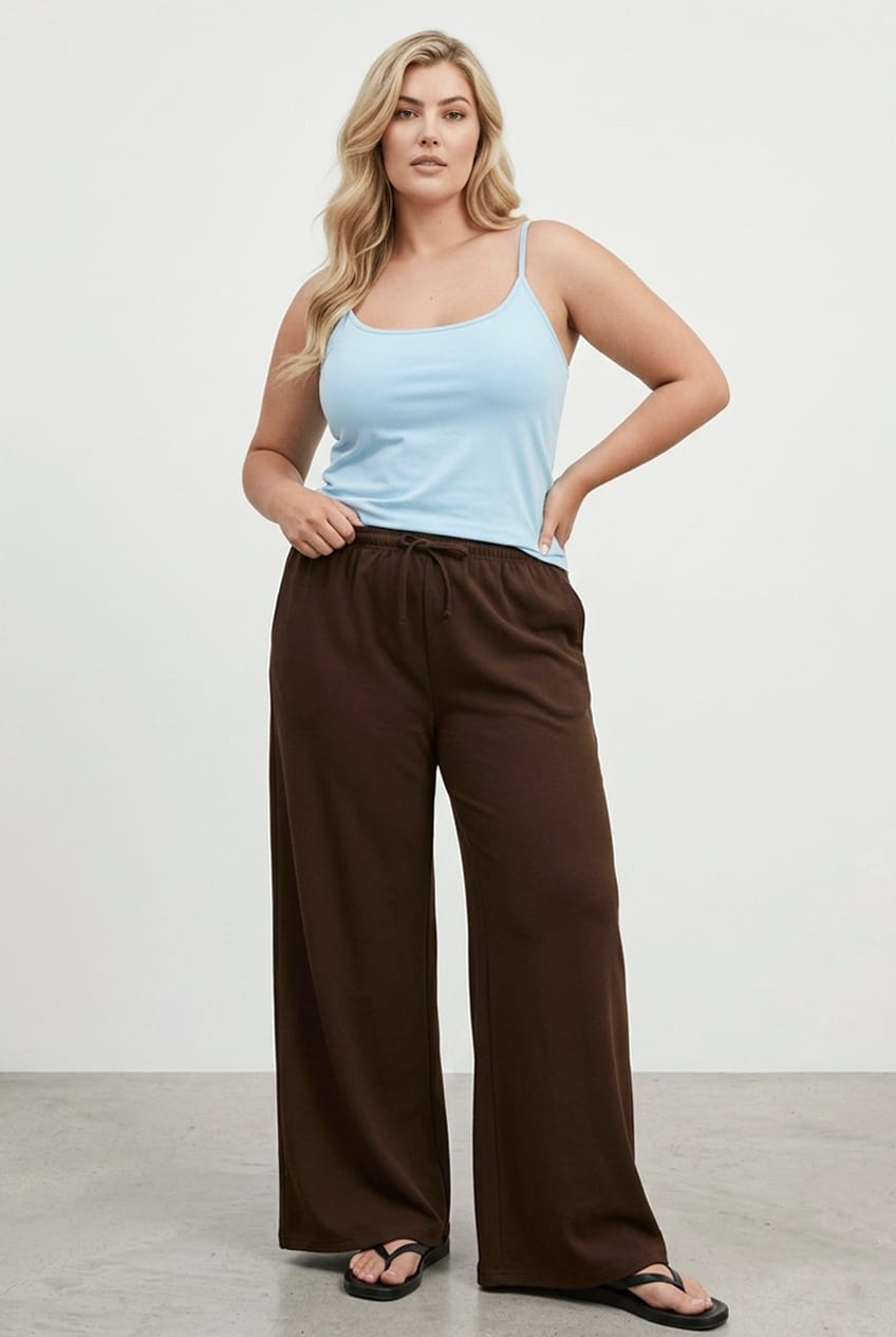 Brown Wide Leg Pants Relaxed Fit Stretch for YouandAll Fashion