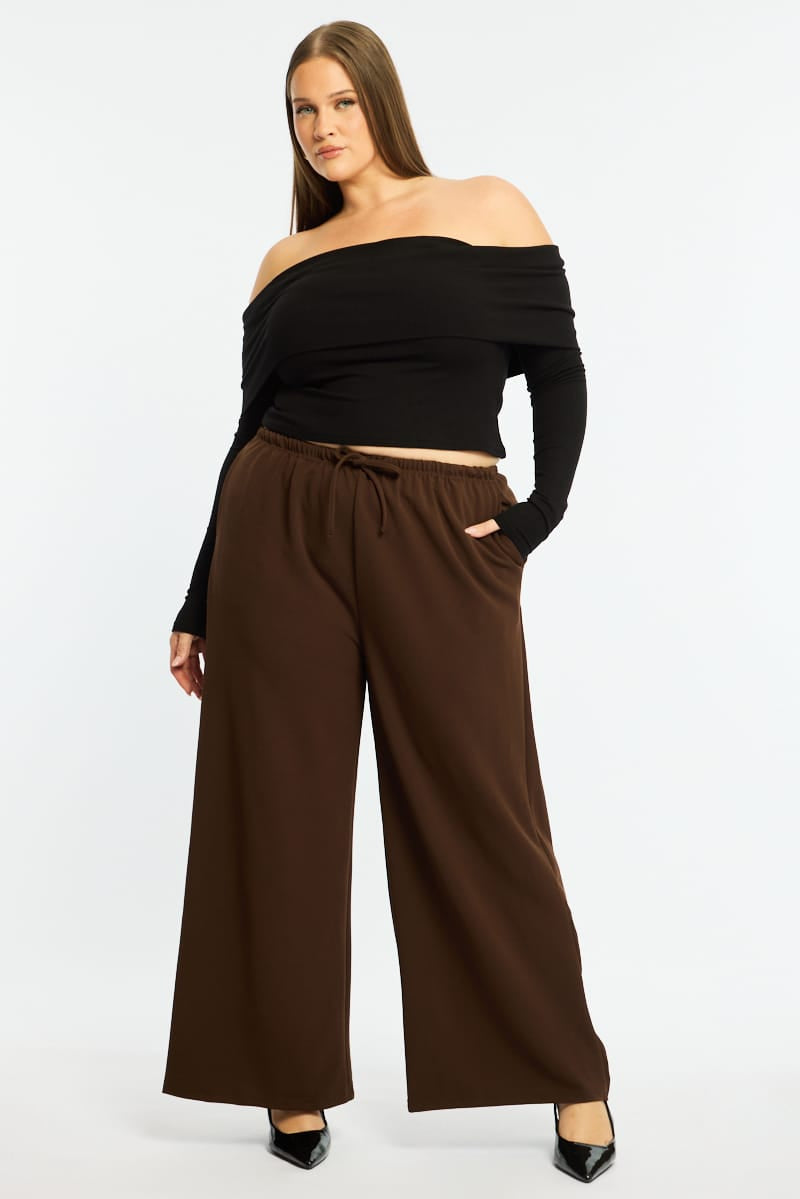 Brown Wide Leg Pants Relaxed Fit Stretch for YouandAll Fashion