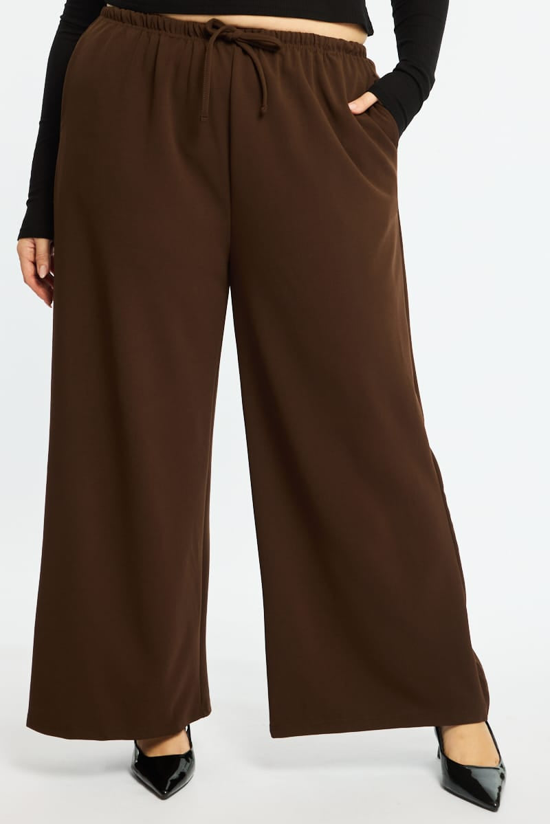 Brown Wide Leg Pants Relaxed Fit Stretch for YouandAll Fashion