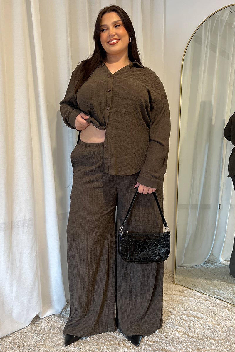 Brown Textured Elastic Waist Wide Leg Pants for YouandAll Fashion