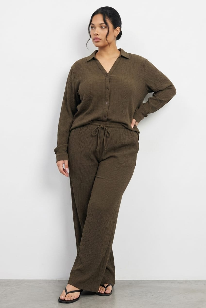 Brown Textured Elastic Waist Wide Leg Pants for YouandAll Fashion