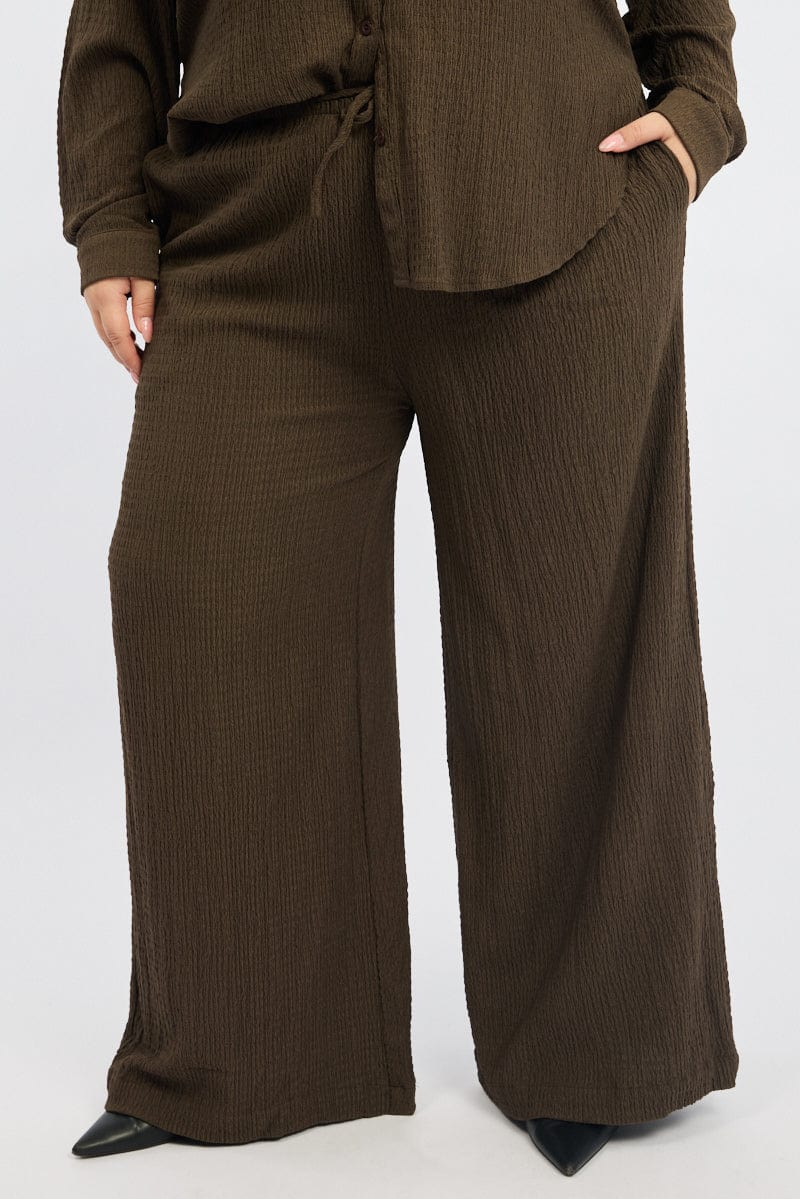 Brown Textured Elastic Waist Wide Leg Pants for YouandAll Fashion