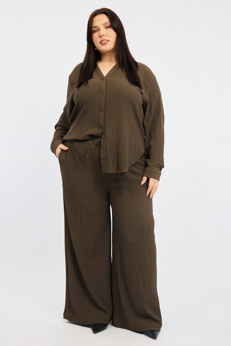 Brown Textured Elastic Waist Wide Leg Pants for YouandAll Fashion