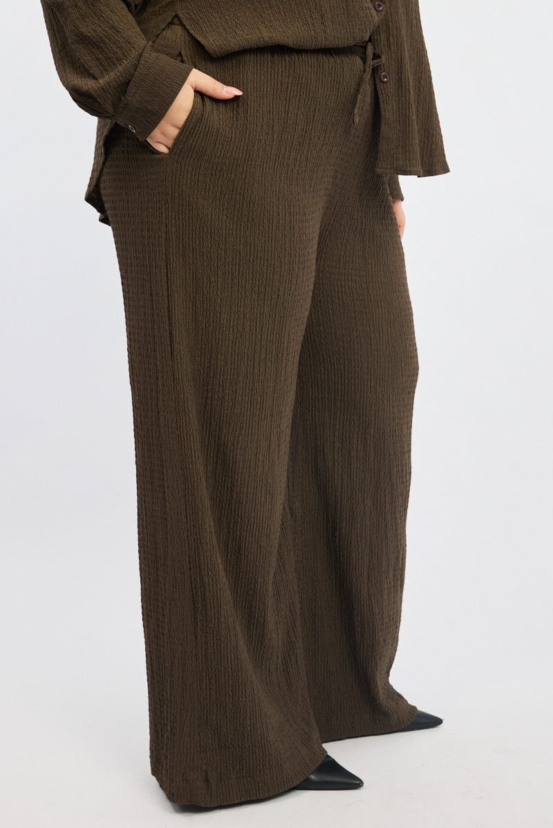 Brown Textured Elastic Waist Wide Leg Pants for YouandAll Fashion
