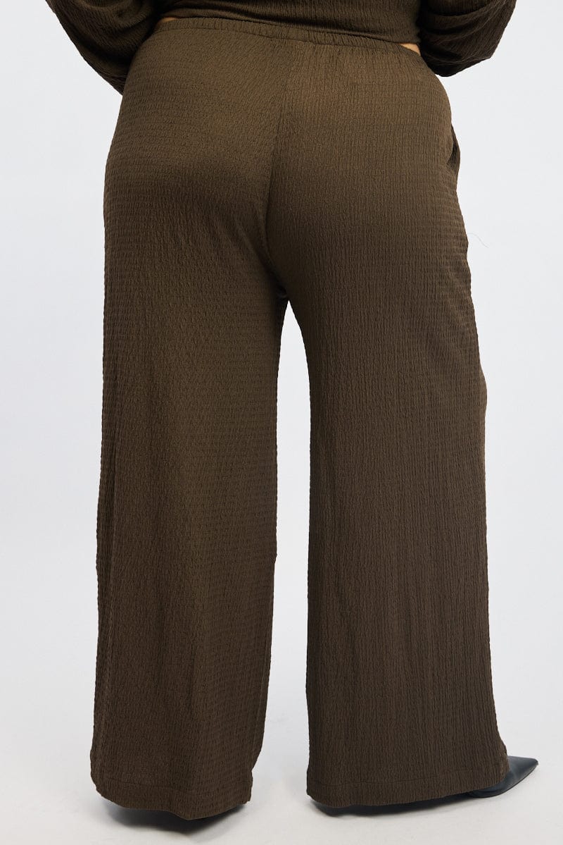 Brown Textured Elastic Waist Wide Leg Pants for YouandAll Fashion