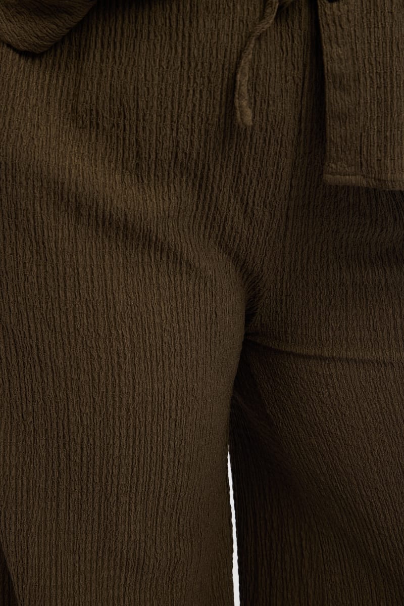 Brown Textured Elastic Waist Wide Leg Pants for YouandAll Fashion