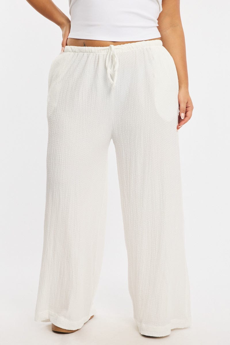 White Textured Pants Elastic Waist for YouandAll Fashion
