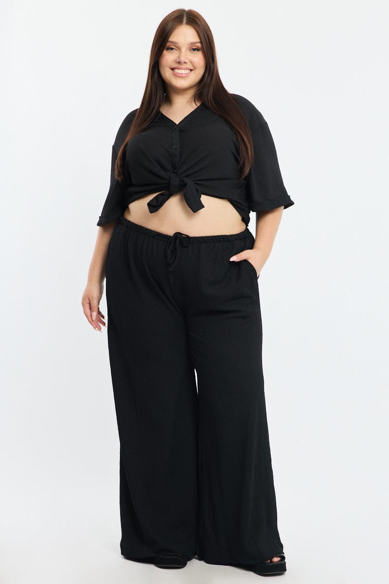 Black Textured Pants Elastic Waist for YouandAll Fashion