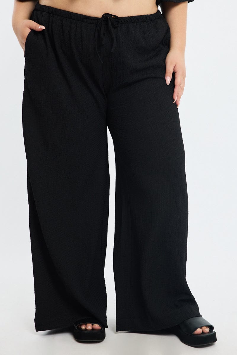 Black Textured Pants Elastic Waist for YouandAll Fashion