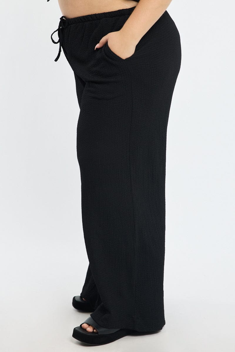 Black Textured Pants Elastic Waist for YouandAll Fashion