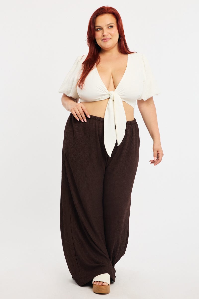 Brown Textured Pants Elastic Waist for YouandAll Fashion