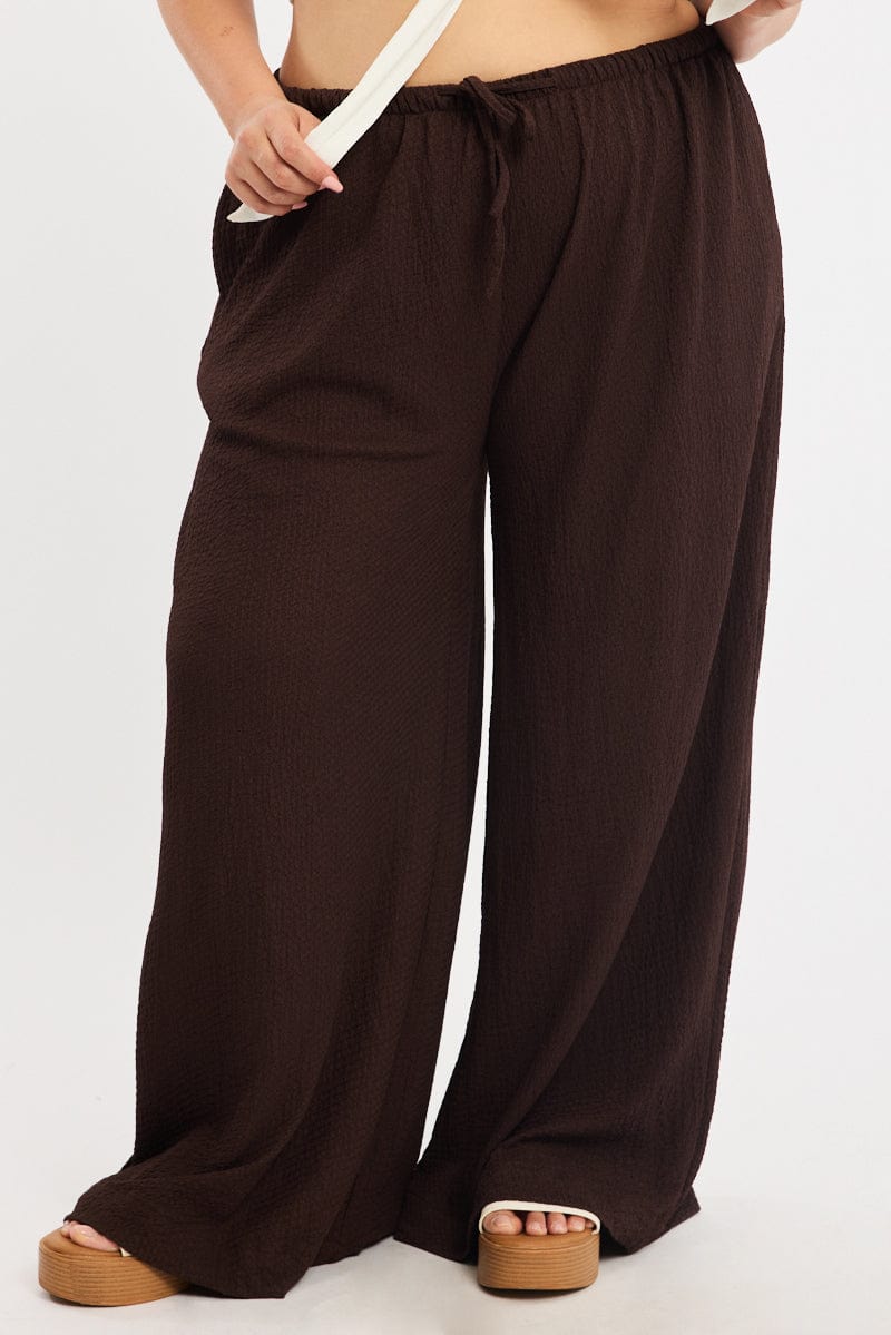 Brown Textured Pants Elastic Waist for YouandAll Fashion