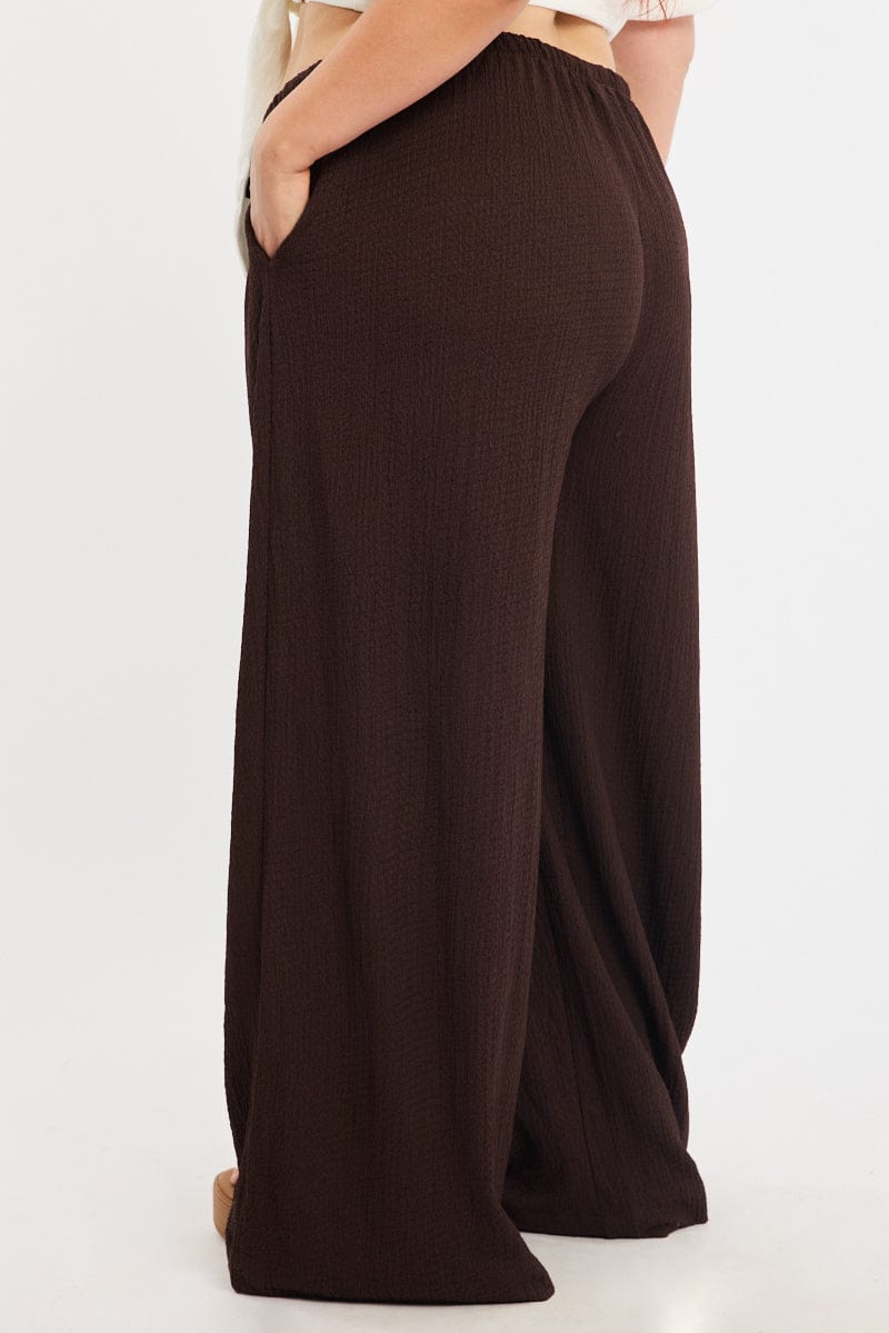 Brown Textured Pants Elastic Waist for YouandAll Fashion