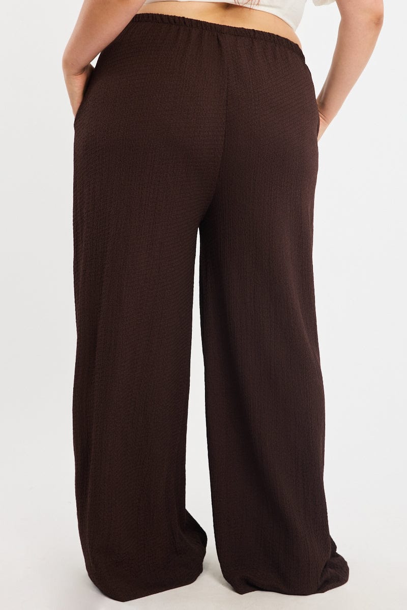 Brown Textured Pants Elastic Waist for YouandAll Fashion