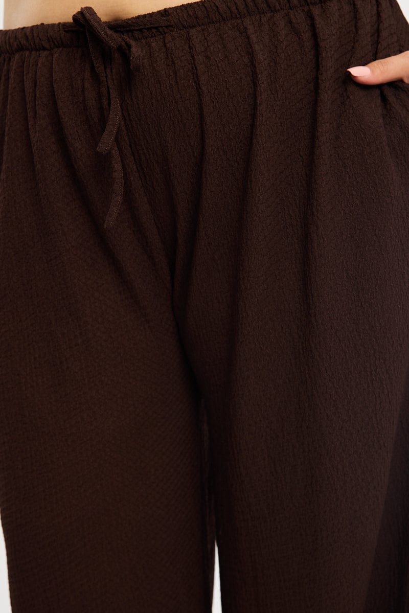 Brown Textured Pants Elastic Waist for YouandAll Fashion