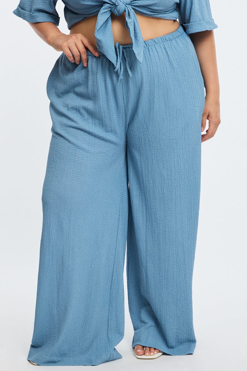 Blue Textured Pants Elastic Waist for YouandAll Fashion