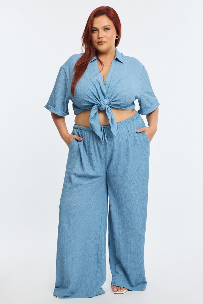 Blue Textured Pants Elastic Waist for YouandAll Fashion