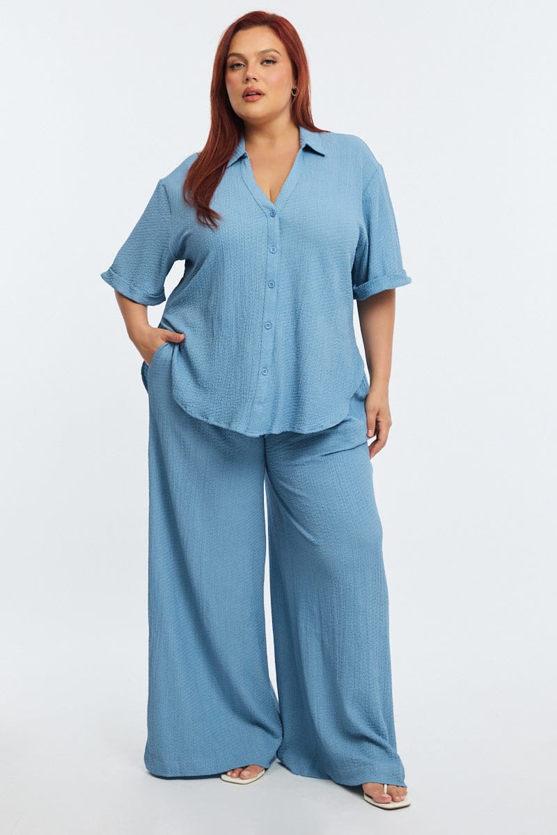 Blue Textured Pants Elastic Waist for YouandAll Fashion