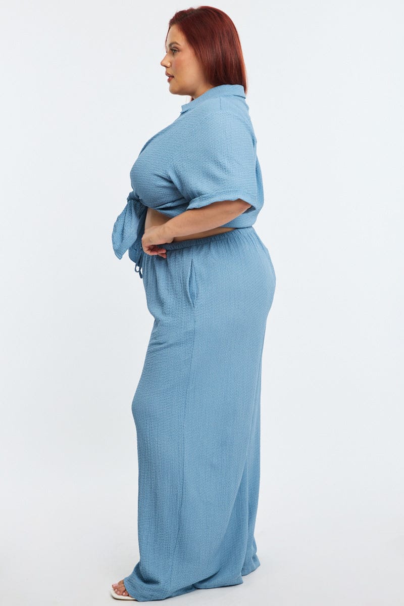 Blue Textured Pants Elastic Waist for YouandAll Fashion