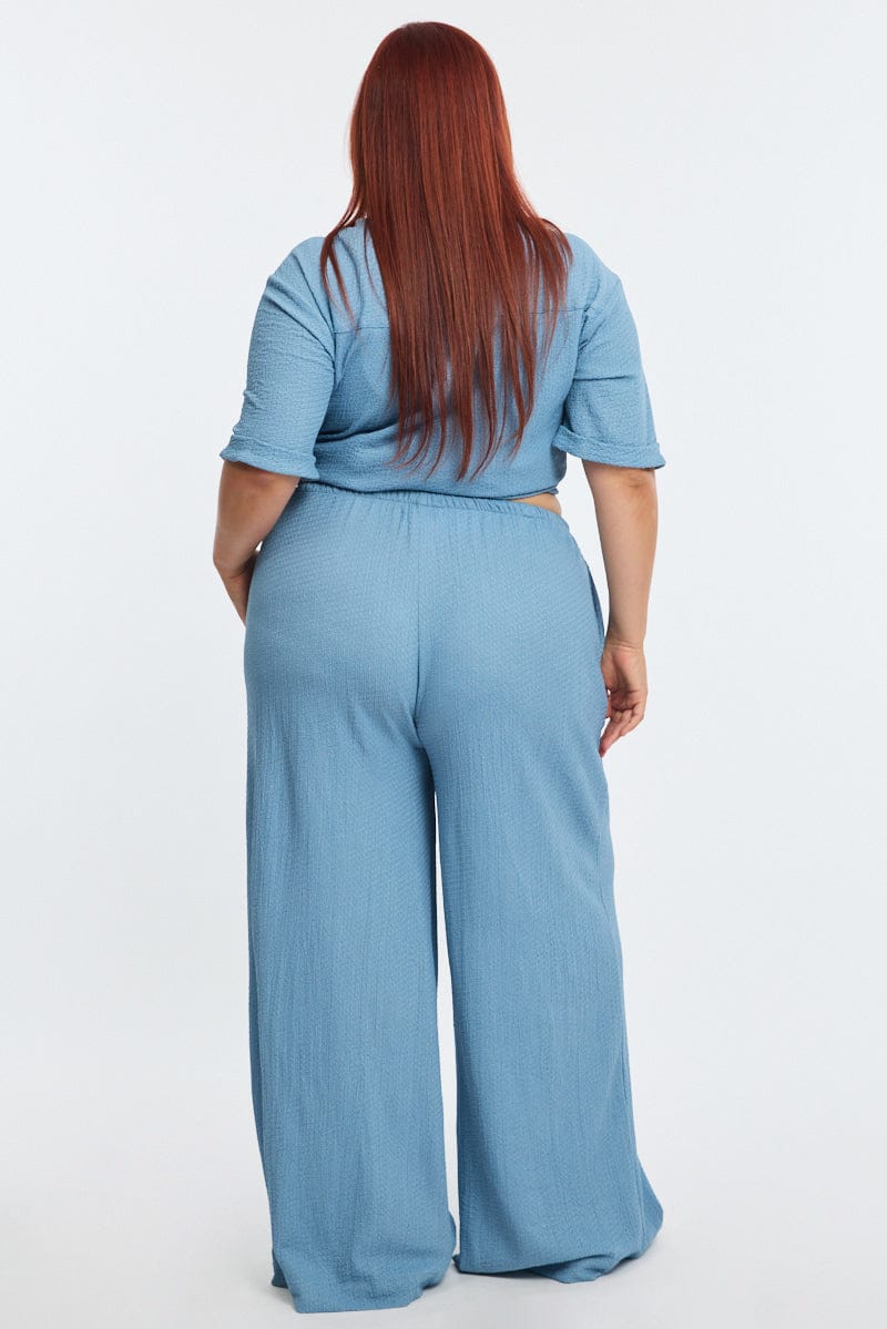 Blue Textured Pants Elastic Waist for YouandAll Fashion