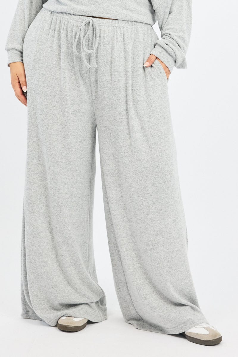 Grey Tie Waist Brushed Jersey Wide Leg Lounge Pants for YouandAll Fashion