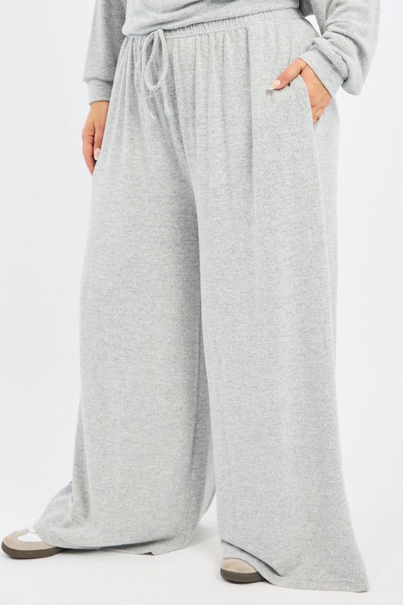 Grey Tie Waist Brushed Jersey Wide Leg Lounge Pants for YouandAll Fashion