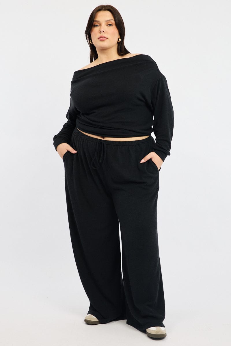 Black Tie Waist Brushed Jersey Wide Leg Lounge Pants for YouandAll Fashion