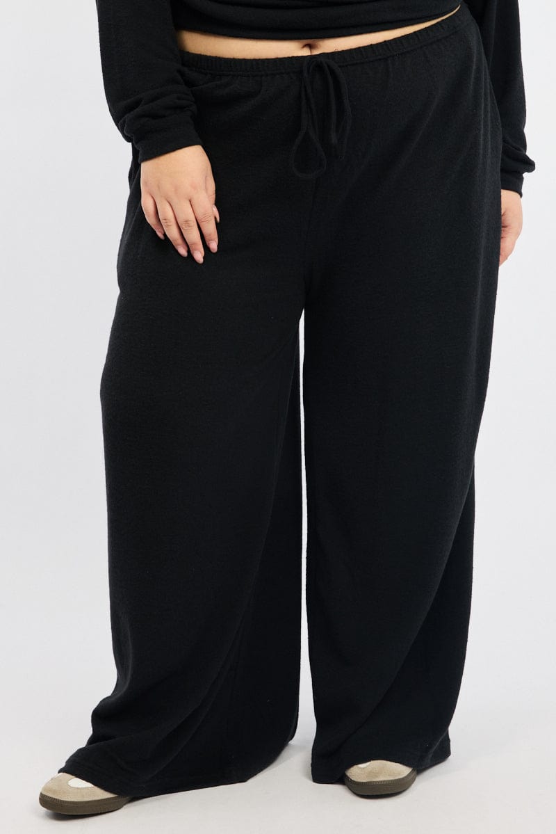 Black Tie Waist Brushed Jersey Wide Leg Lounge Pants for YouandAll Fashion