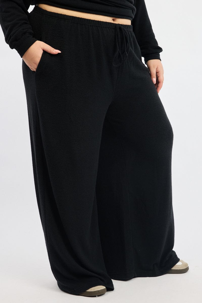 Black Tie Waist Brushed Jersey Wide Leg Lounge Pants for YouandAll Fashion