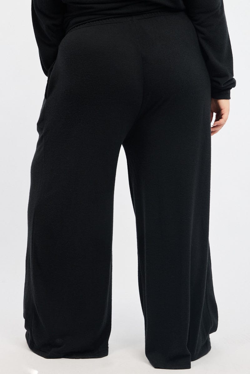 Black Tie Waist Brushed Jersey Wide Leg Lounge Pants for YouandAll Fashion