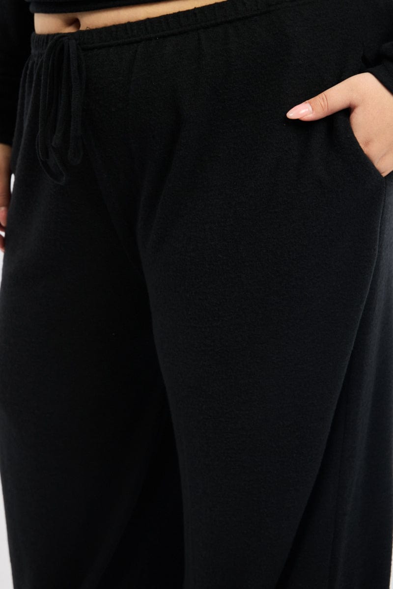 Black Tie Waist Brushed Jersey Wide Leg Lounge Pants for YouandAll Fashion