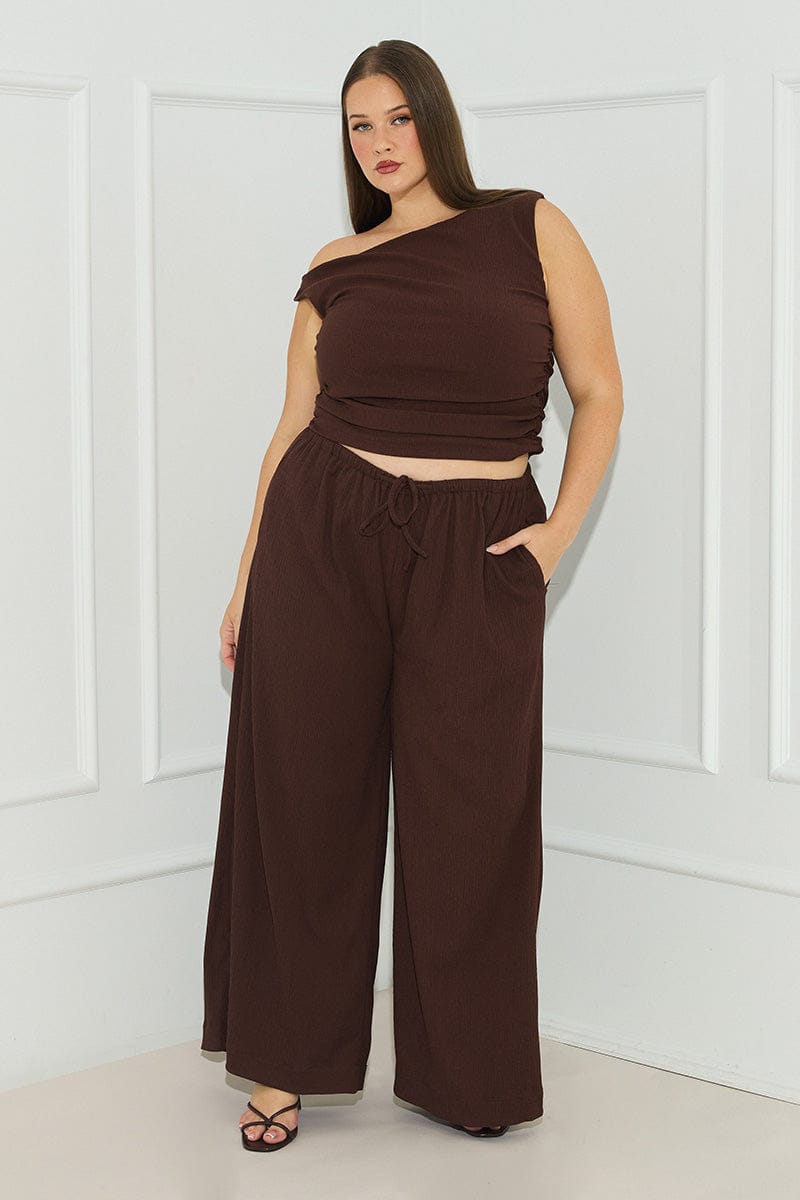 Brown Wide Leg Pants Elastic Waist for YouandAll Fashion