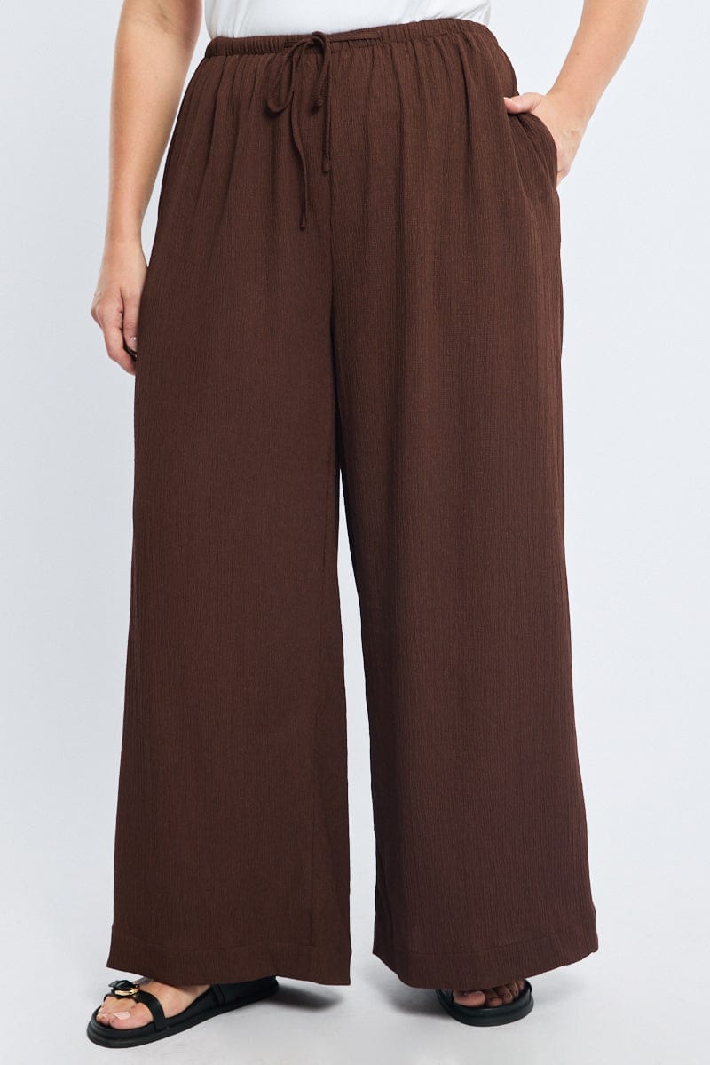 Brown Wide Leg Pants Elastic Waist for YouandAll Fashion