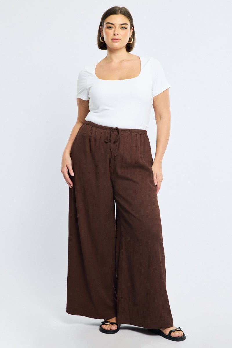 Brown Wide Leg Pants Elastic Waist for YouandAll Fashion