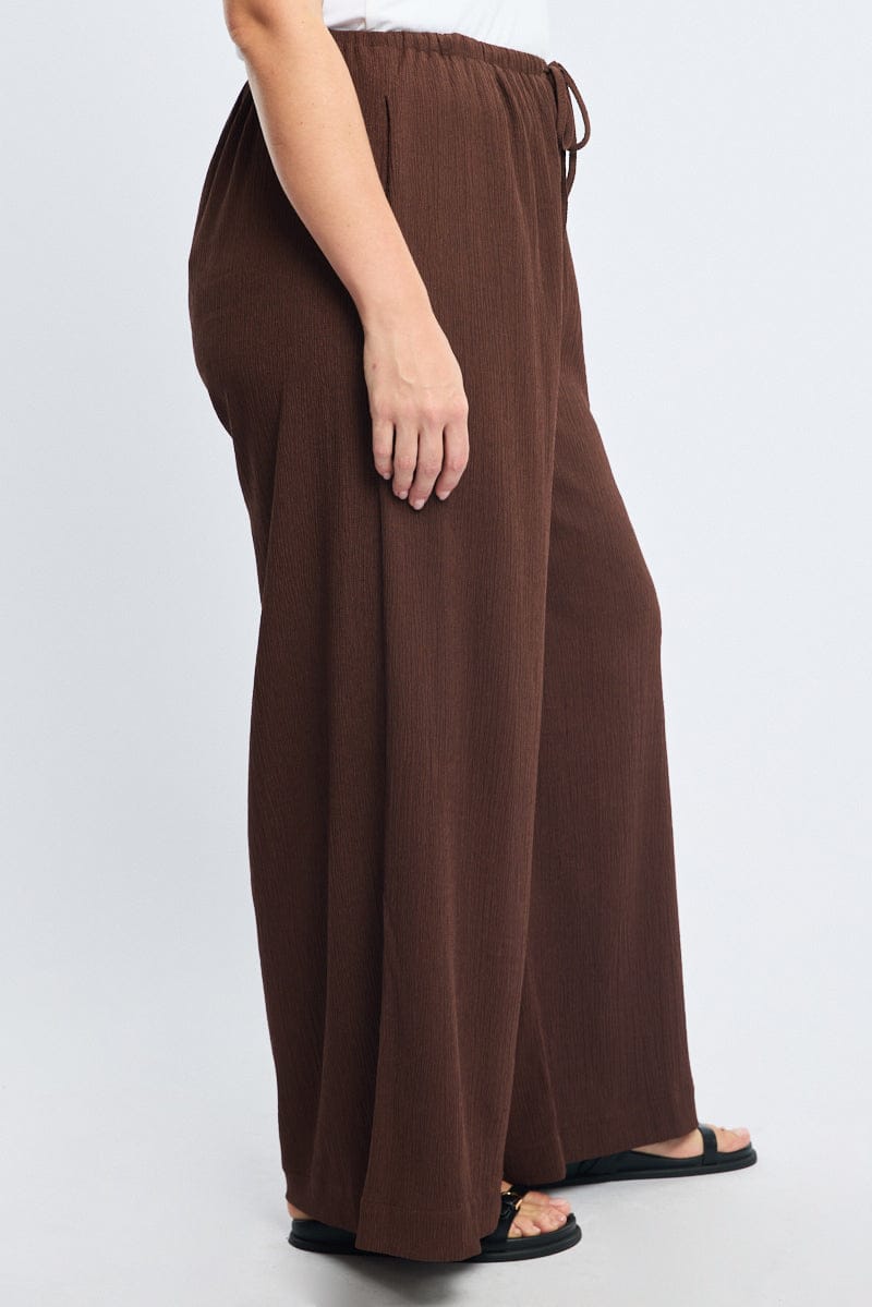 Brown Wide Leg Pants Elastic Waist for YouandAll Fashion