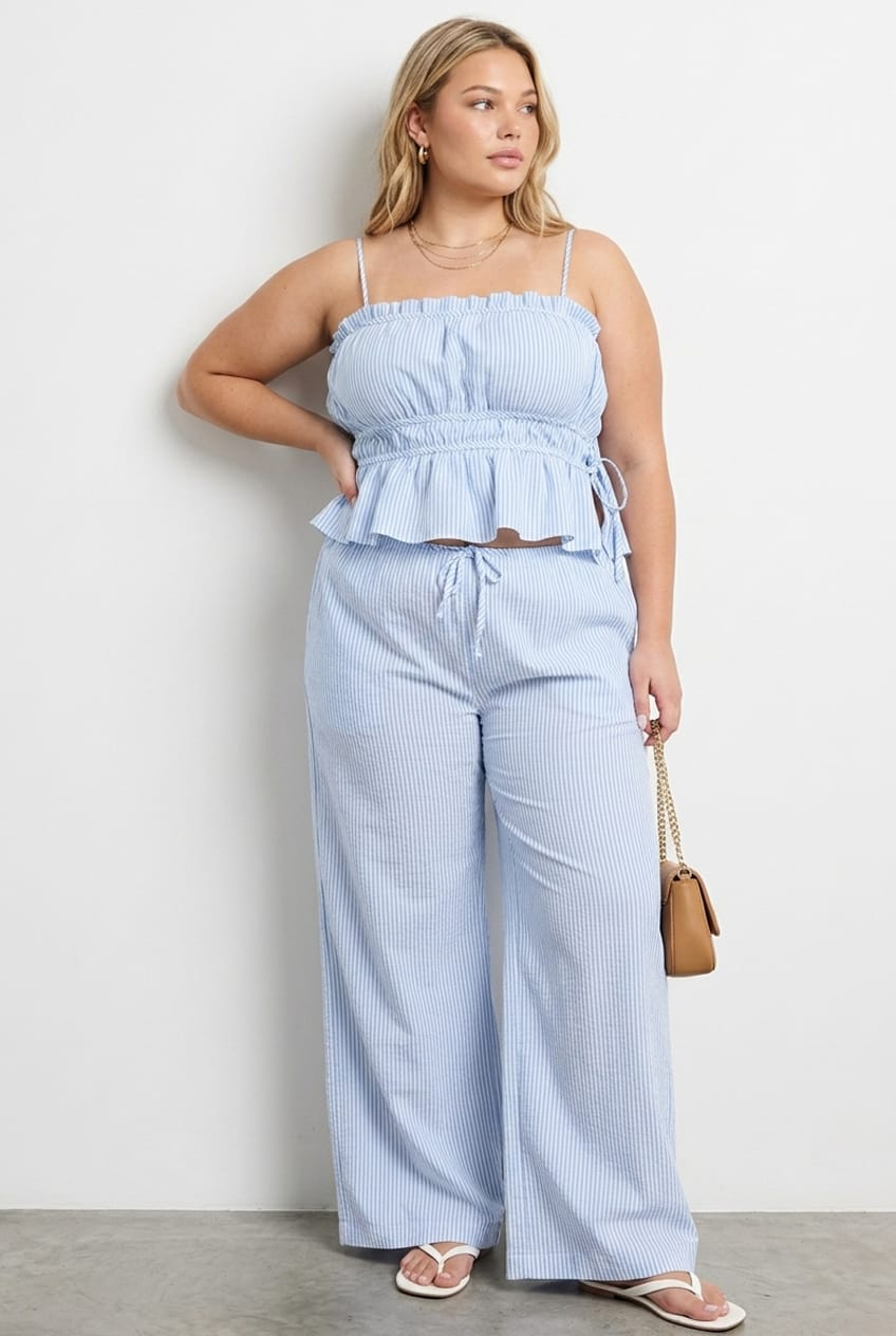 Blue Stripe Wide Leg Pants Elastic Waist for YouandAll Fashion