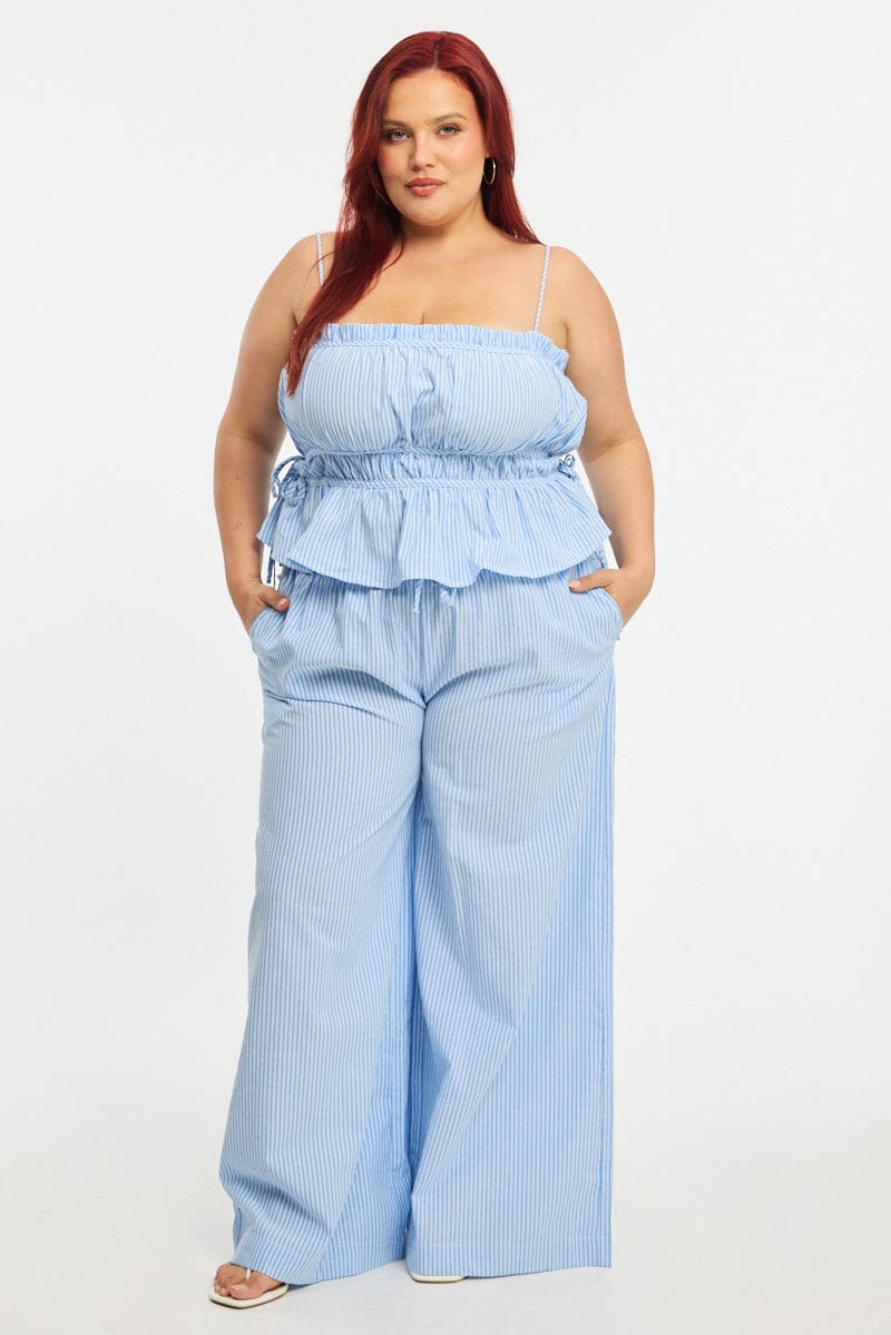 Blue Stripe Wide Leg Pants Elastic Waist for YouandAll Fashion
