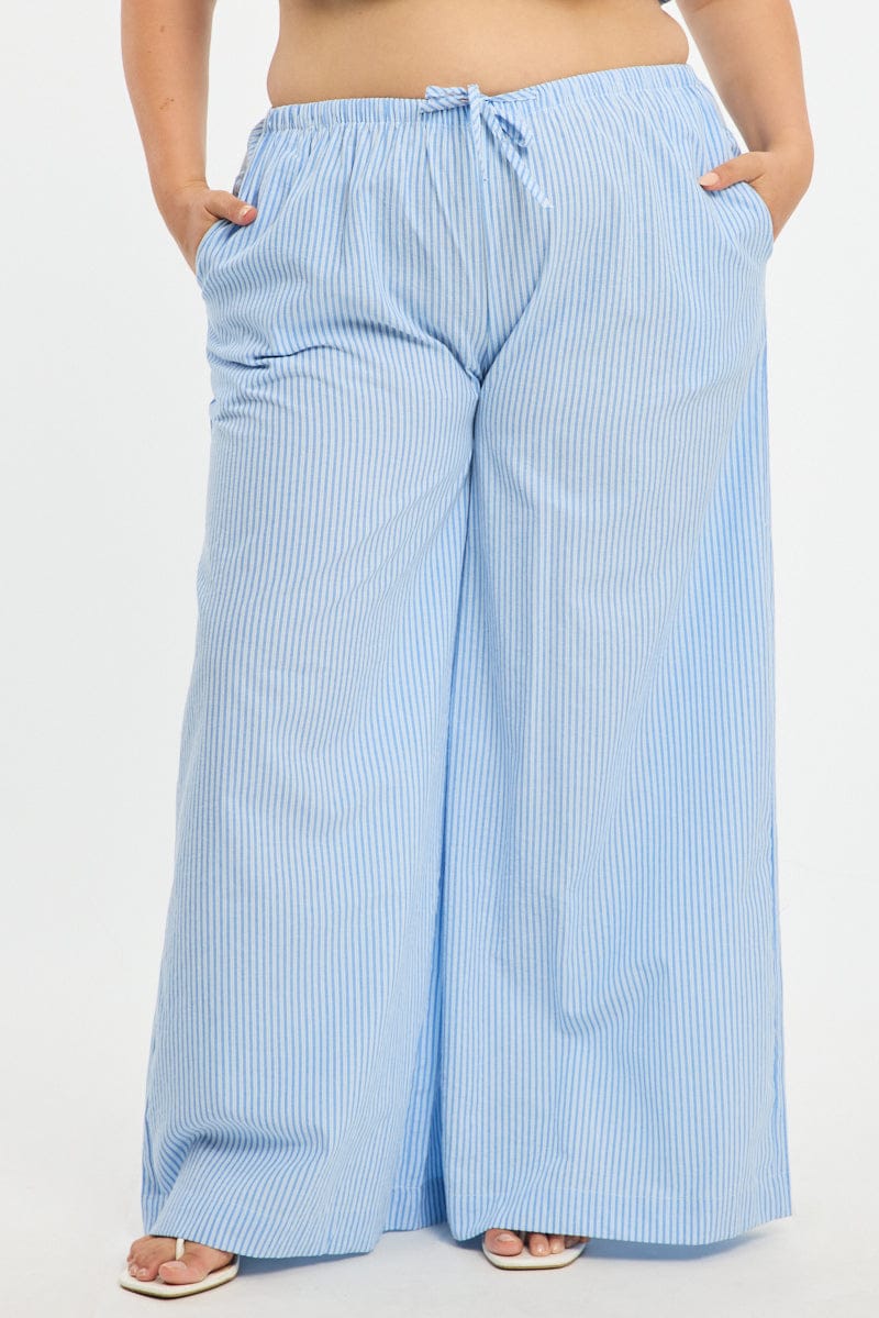 Blue Stripe Wide Leg Pants Elastic Waist for YouandAll Fashion